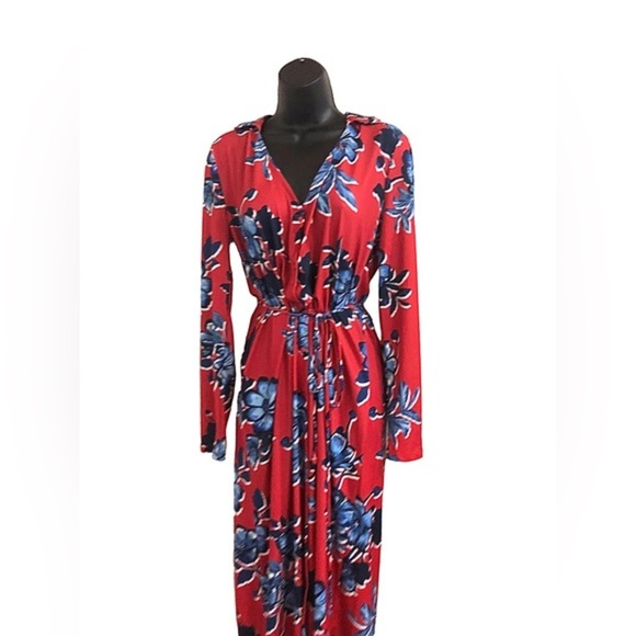 Zara red & blue floral v-neck button front belted‎ midi dress size small new - Picture 5 of 16